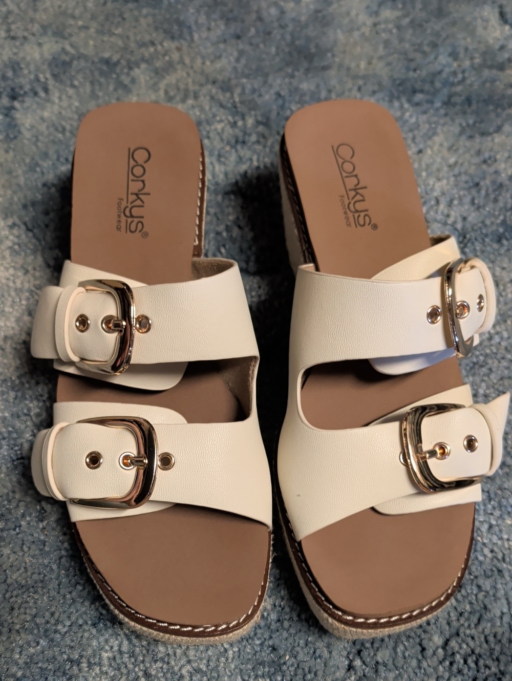 Corkys White Double-Buckle Wedge Sandals with Gold Hardware
